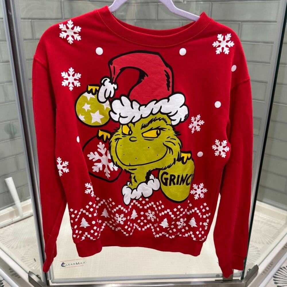 The Grinch Dr Seuss Christmas Ugly Sweater Sweatshirt Red Snowflakes S